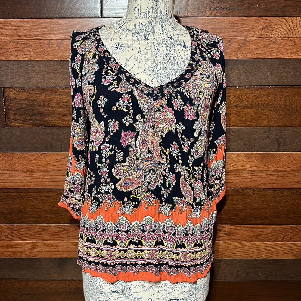 Bila V Neck 3/4 Sleeve Black and Orange Floral Blouse